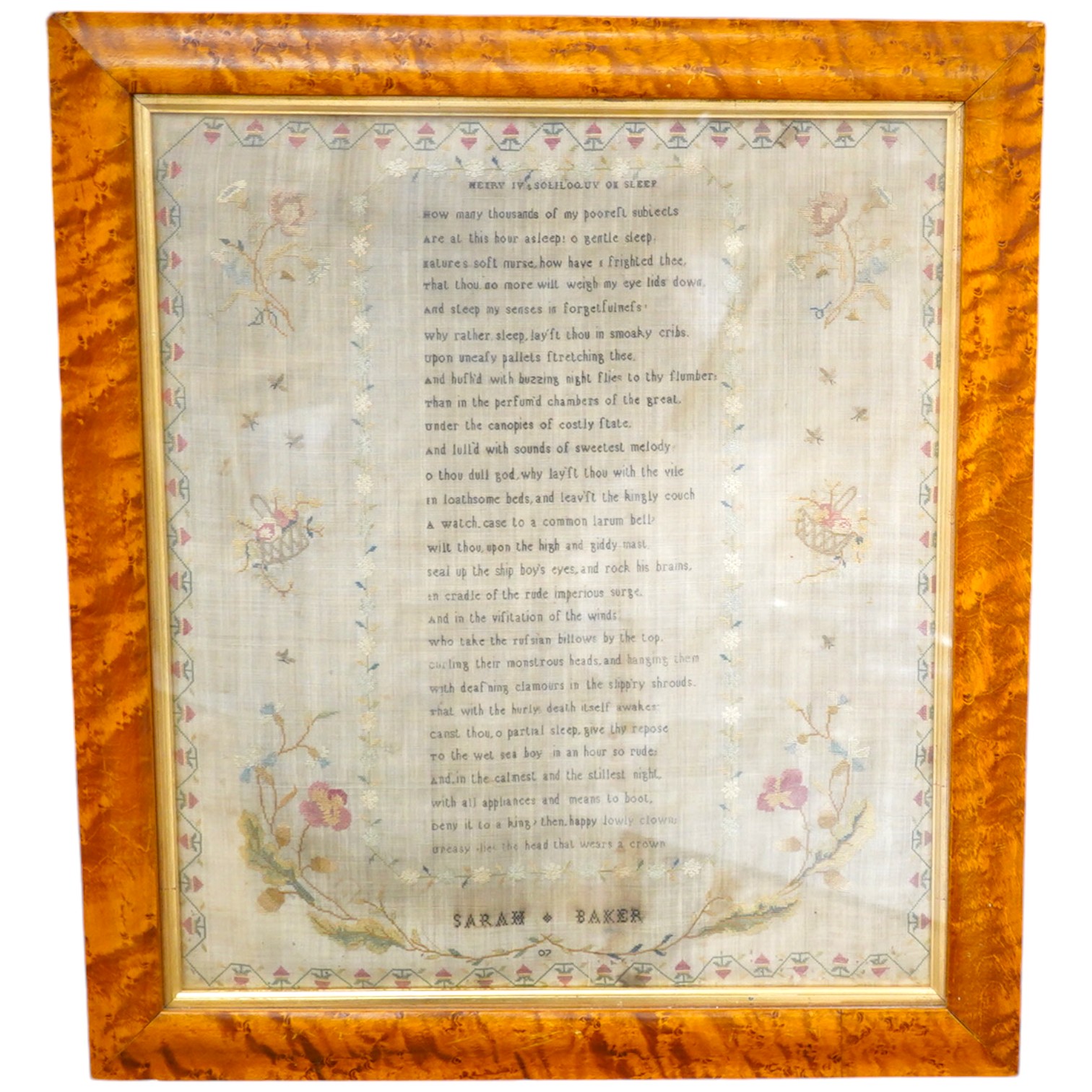 An early 19th century sampler dated 07, by Sarah Baker, ‘Henry IV’s Soliloquy of Sleep’, together with a later smaller alphabet and spot motif sampler by Elizabeth Fleet aged 8, dated 1838, both framed